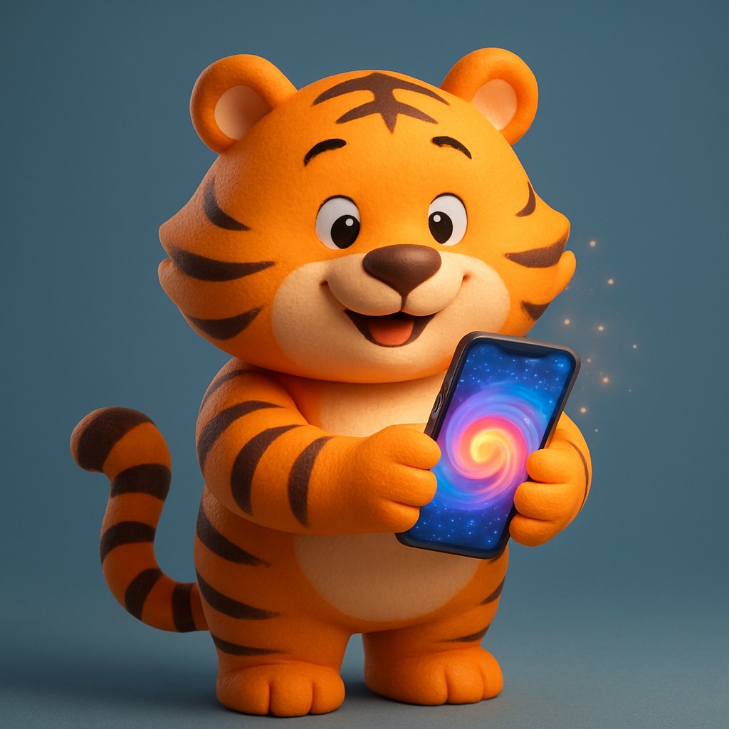 স্মার্টফোনে db33 অ্যাপ চালাচ্ছেন এমন একটি কার্টুন বাঘশাবক