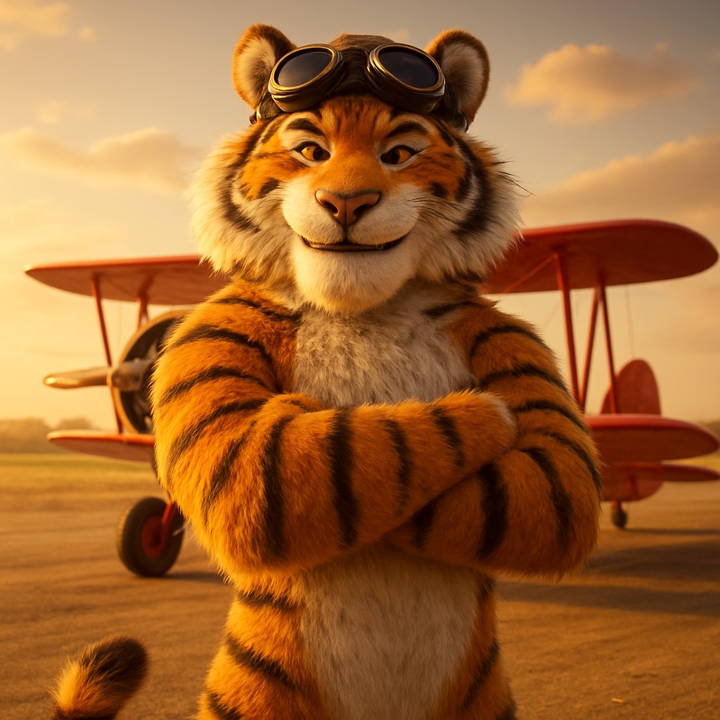 db33‑এর এভিয়েটর গেমের প্রতীক হিসেবে লাল বিমানের পাশে দাঁড়িয়ে থাকা টাইগার পাইলট