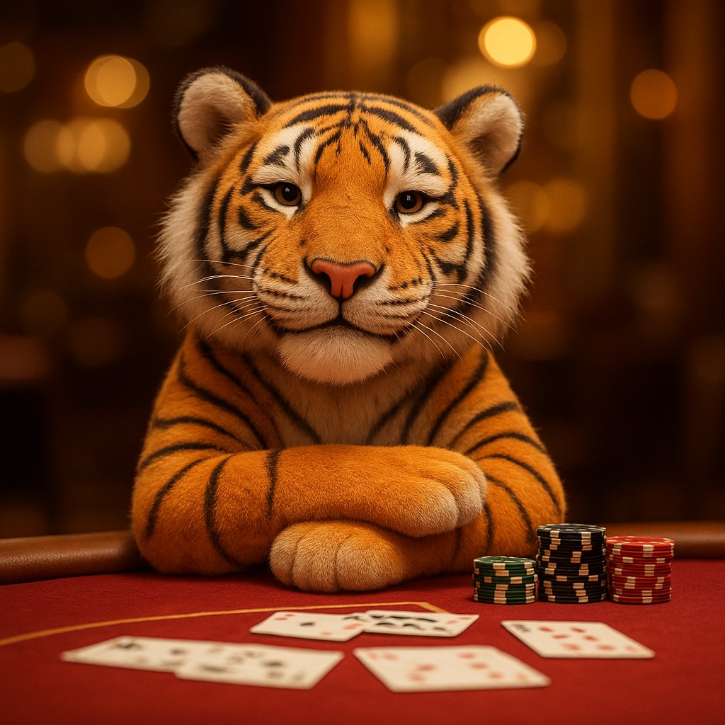 db33 গেমিং প্ল্যাটফর্মে খেলার টেবিলে চিপস নিয়ে হাস্যোজ্জ্বল টাইগার শাবকটি বসে আছে