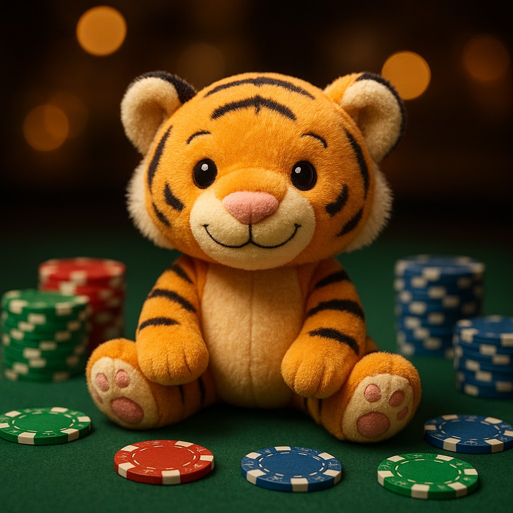 একটি ছোট বাঘের বাচ্চা একটি টেবিলের ওপর গেমিং টোকেনসহ বসে আছে.
