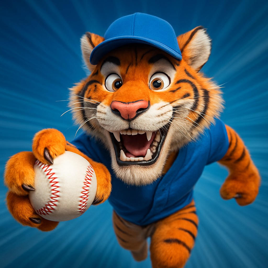 db33 ক্রিকেট-গেমিংয়ের প্রতীকের রূপে পোশাকধারী হাতে বল ধরা একটি হাসিখুশি টাইগার শাবকের চিত্র
