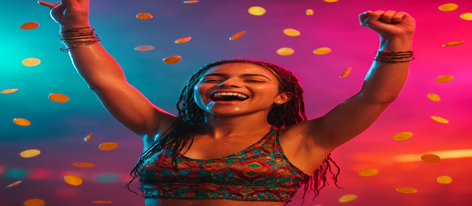 মুদ্রার ঝরনার মাঝে রঙিন পোশাকে এক নারী